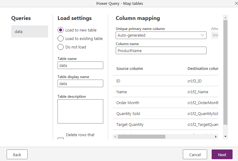 Power Apps dataflow map tables