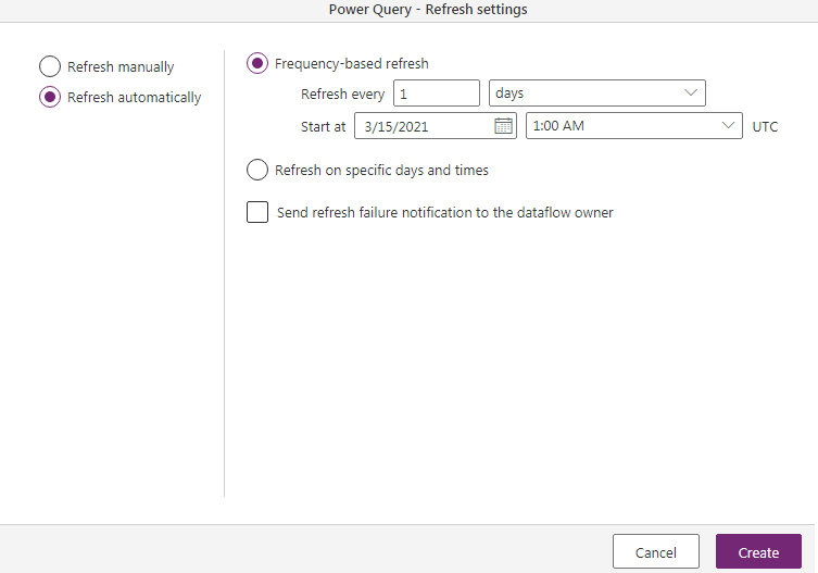 Power Apps dataflow refresh setting