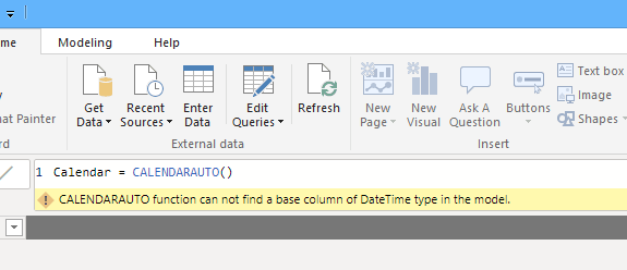 CALENDARAUTO function can not find a base column of DateTime type in the model.
