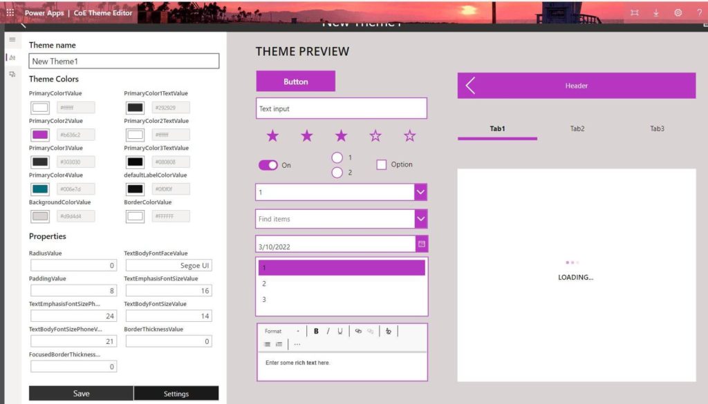 powerapps canvas app theme