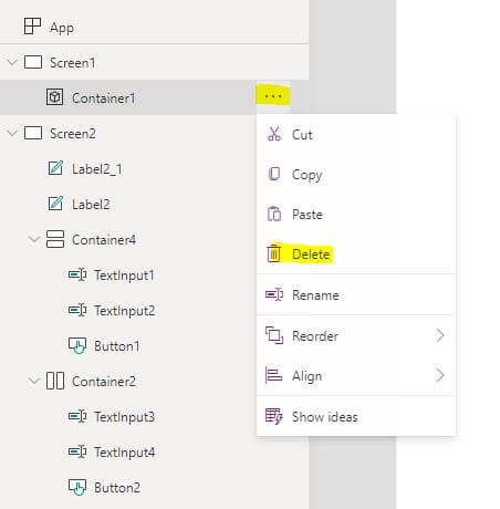 Remove PowerApps container control