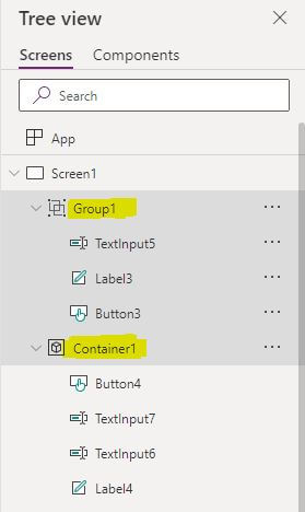 PowerApps container vs group
