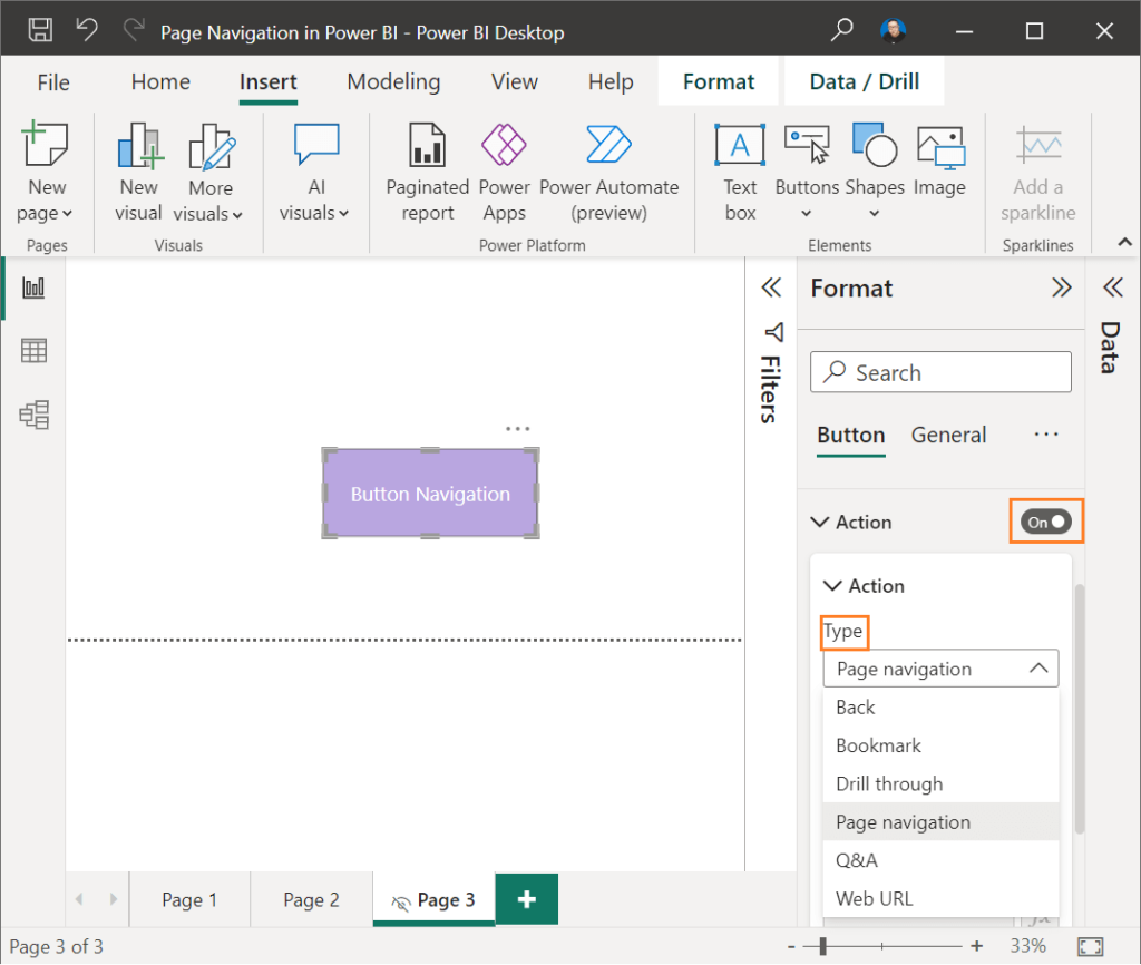 Navigate to other page using button in Power BI