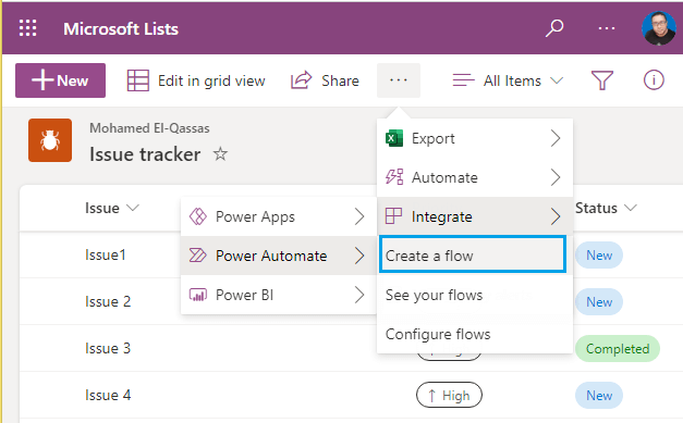 create a flow in SharePoint List