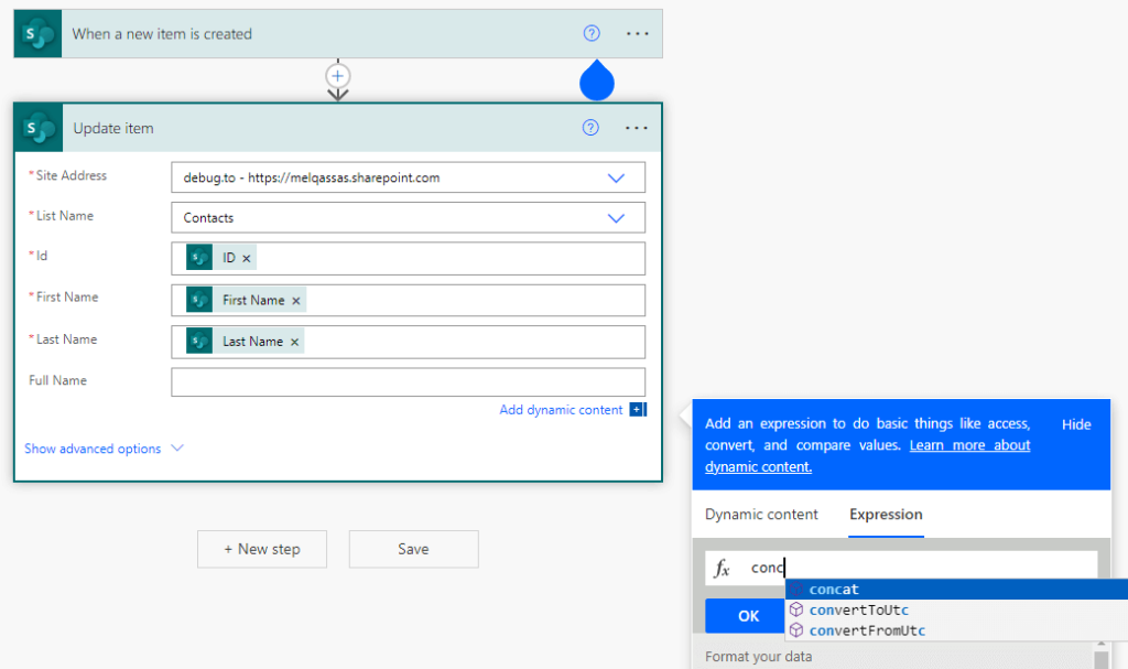 how to Concatenate two strings in Power Automate