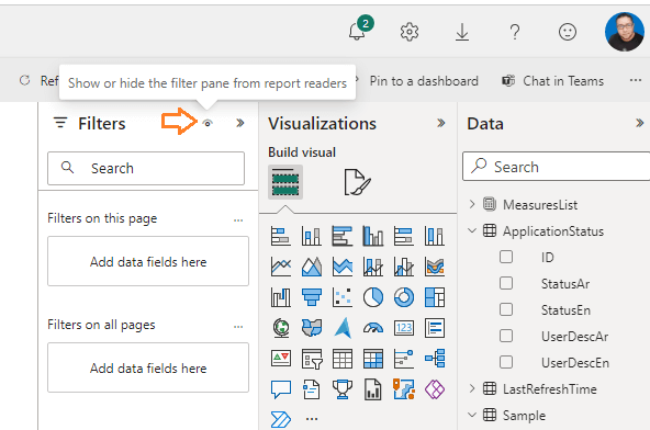 show or hide filter pane in report view in Power BI