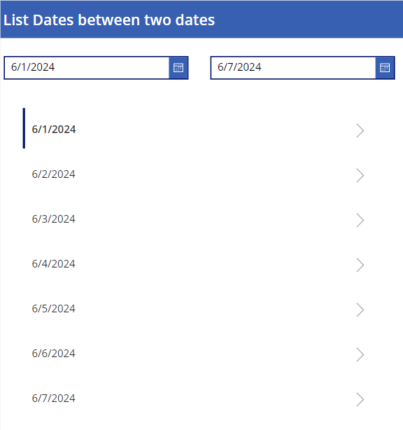 Generate dates between two dates in PowerApps