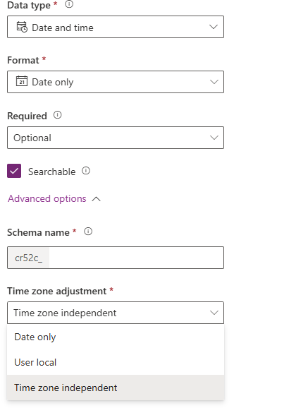 How to configure date fields in Dataverse